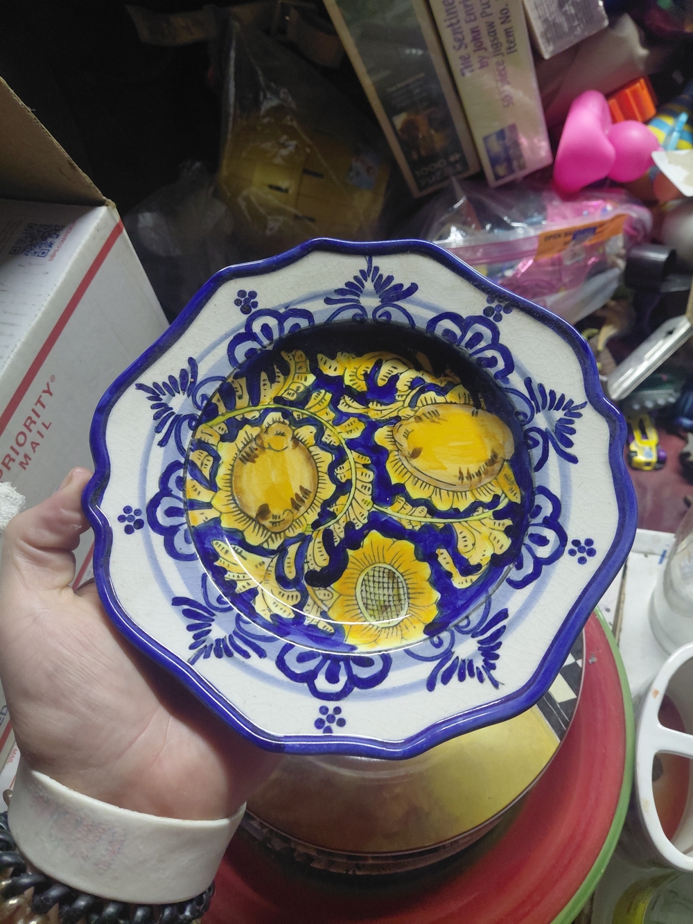 vintage hand-painted cobalt blue and yellow floral dessert or salad plate by I.